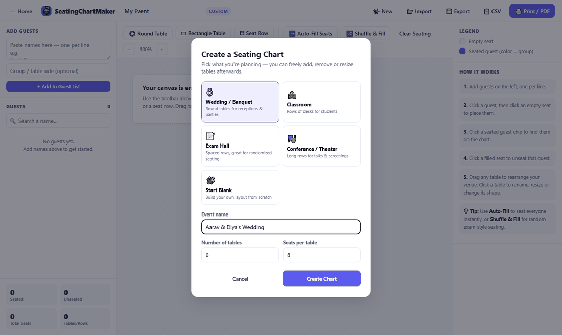 Create a Seating Chart modal in the planner, with event type cards for Wedding, Classroom, Exam Hall and Conference