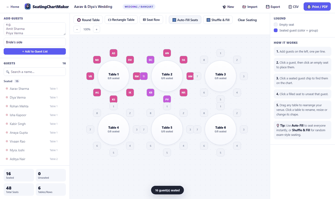 Wedding seating chart with 16 guests auto-filled into tables, color-coded pink and purple by group